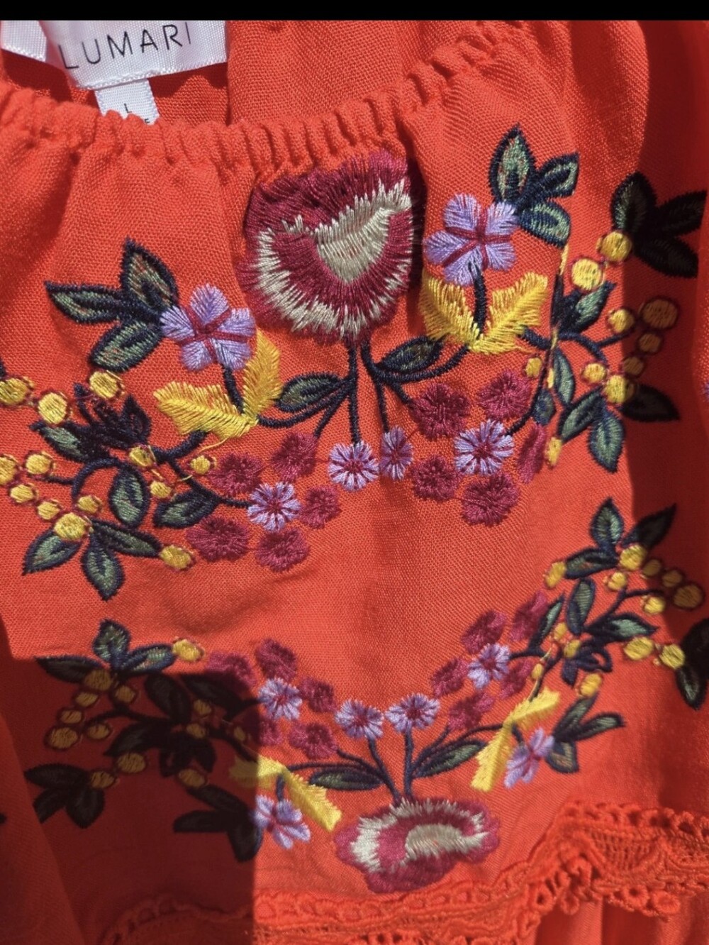 Anthro Tomato Red Embroidered Ruffle Top - Picture 5 of 6
